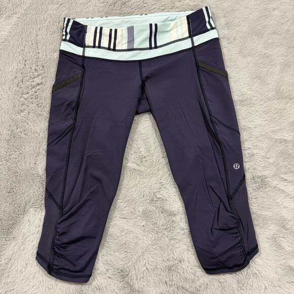 Lululemon Pants Womens 10 Purple Black Pace Rival Crop Activewear Side Pockets - Picture 1 of 11